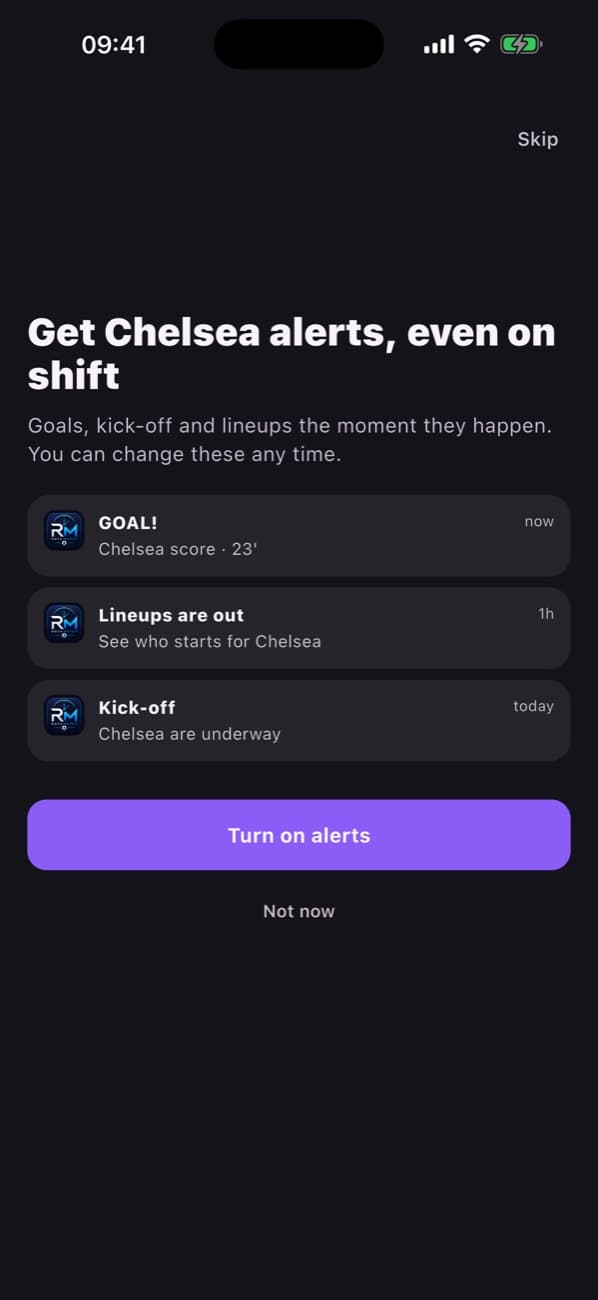 Goal, line-up and kick-off alerts