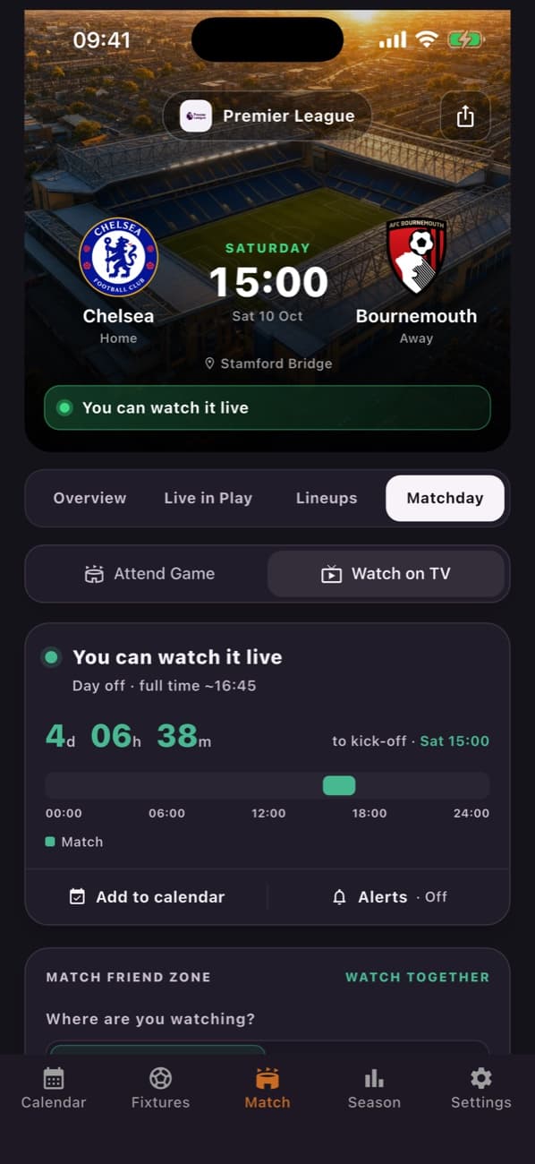Matchday screen saying you can watch the game live